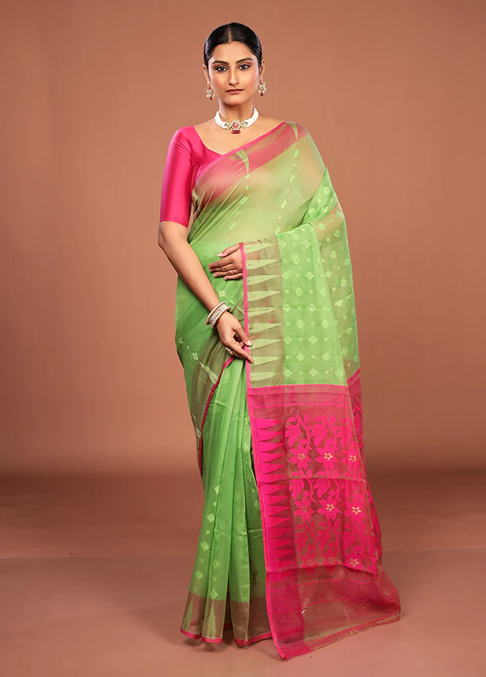 Green Jamdani Cotton Saree Without Blouse Piece - Image 2