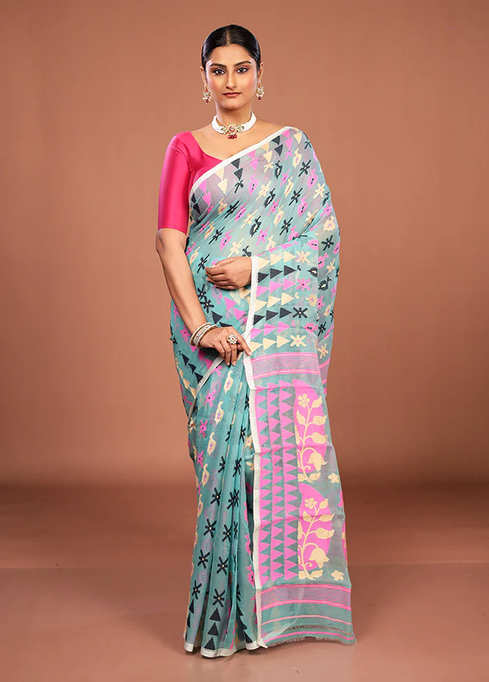 Green Jamdani Cotton Saree Without Blouse Piece - Image 2