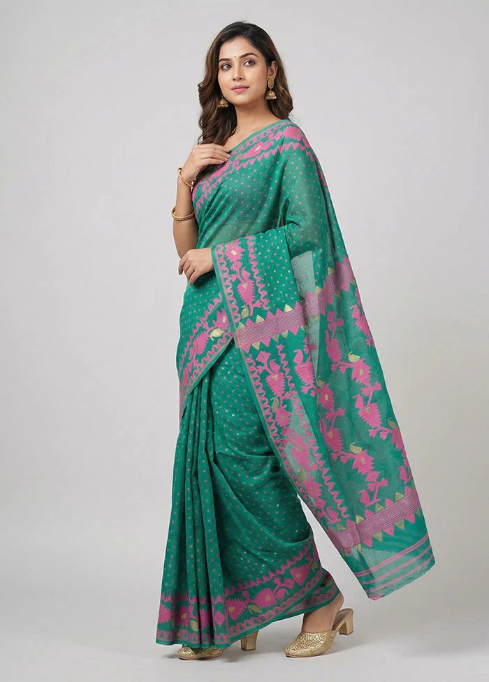 Green Jamdani Cotton Saree Without Blouse Piece