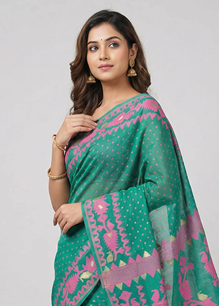 Green Jamdani Cotton Saree Without Blouse Piece - Image 2