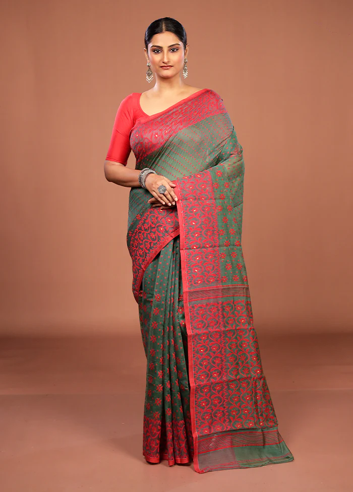 Green Jamdani Cotton Saree Without Blouse Piece - Image 2
