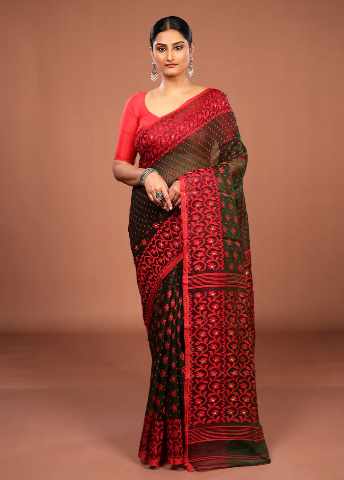 Green Jamdani Cotton Saree Without Blouse Piece - Image 2
