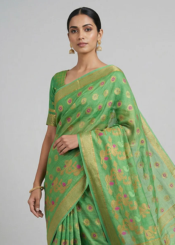 Green Jamdani Cotton Saree Without Blouse Piece - Image 2