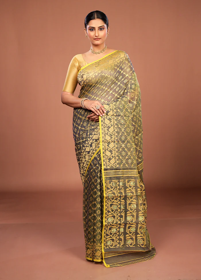 Green Jamdani Cotton Saree Without Blouse Piece - Image 2