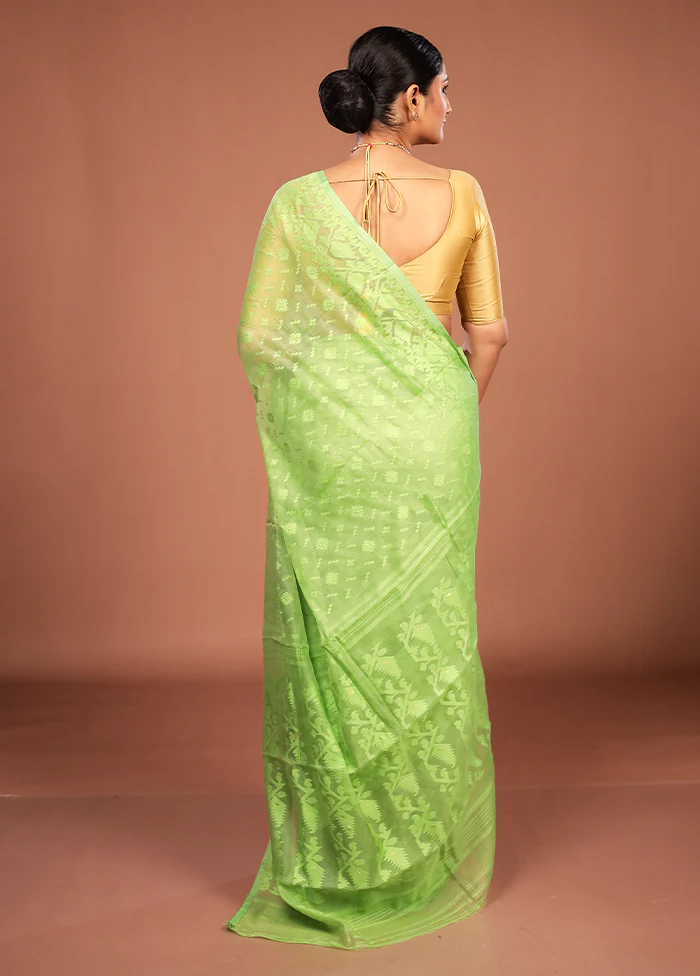 Green Jamdani Cotton Saree Without Blouse Piece - Image 3