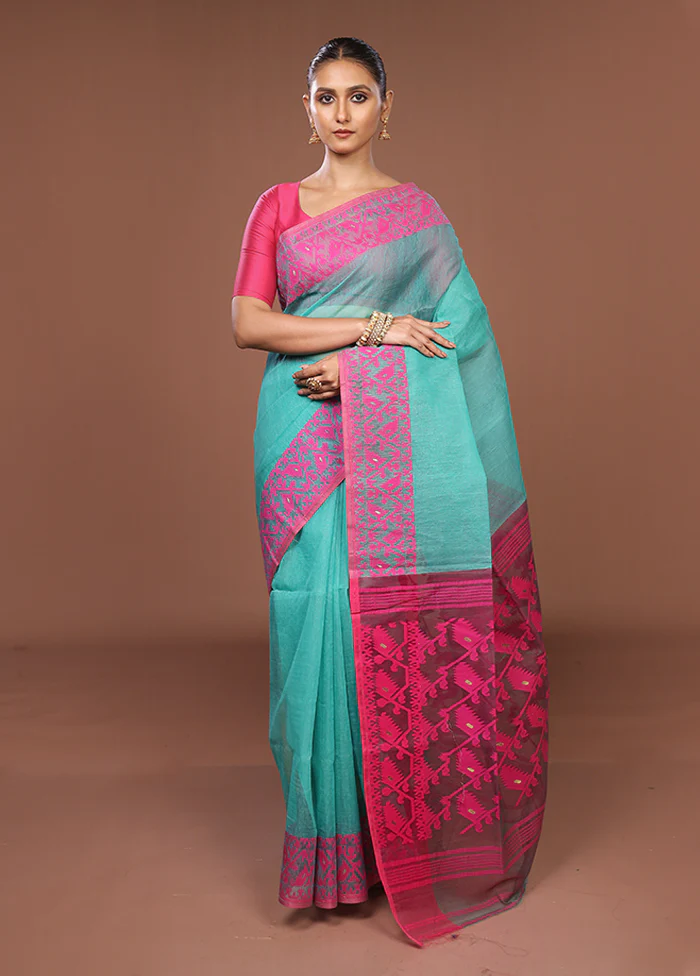 Green Jamdani Cotton Saree Without Blouse Piece - Image 2