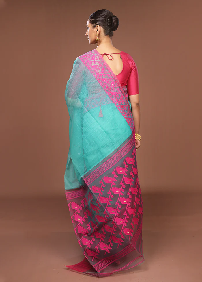 Green Jamdani Cotton Saree Without Blouse Piece - Image 3