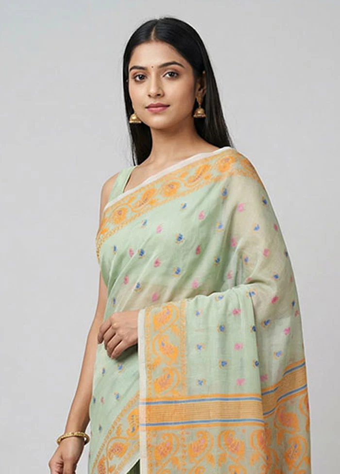 Green Jamdani Cotton Saree Without Blouse Piece - Image 2