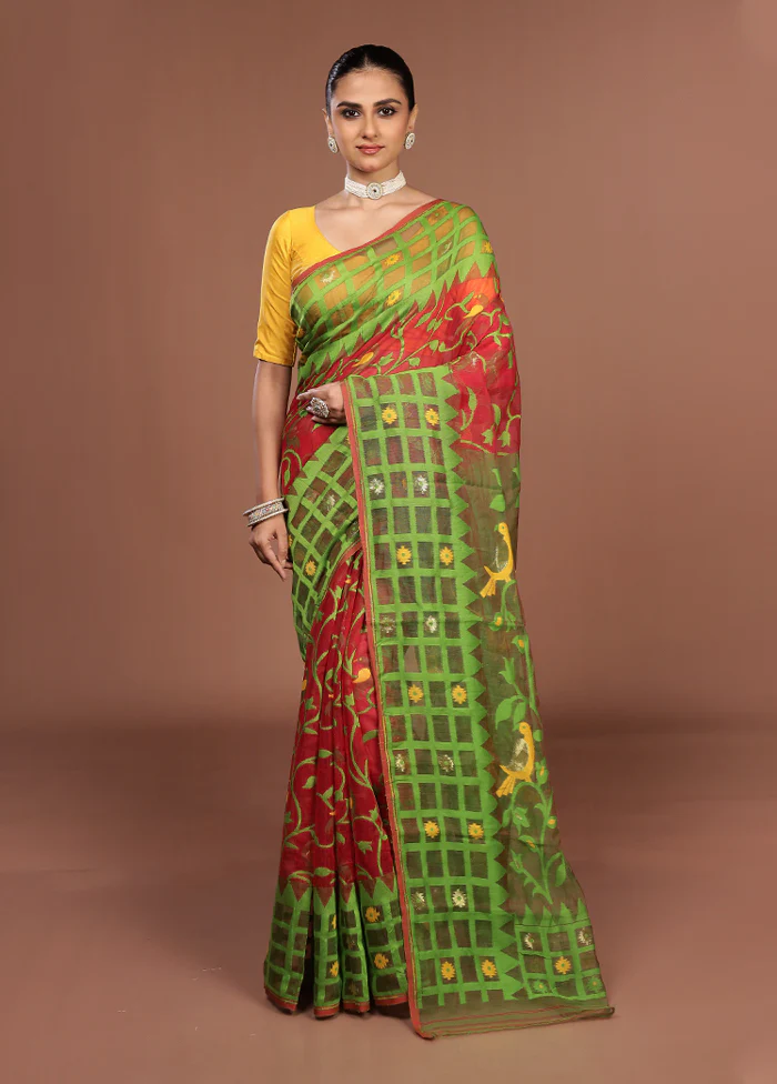 Green Jamdani Cotton Saree Without Blouse Piece - Image 2