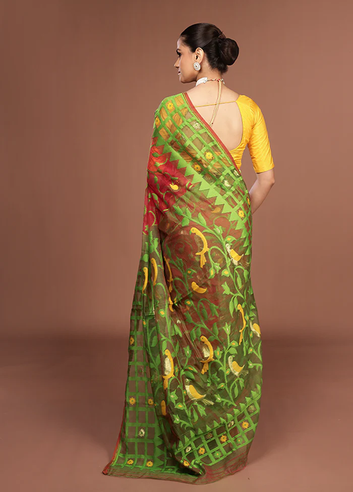 Green Jamdani Cotton Saree Without Blouse Piece - Image 3