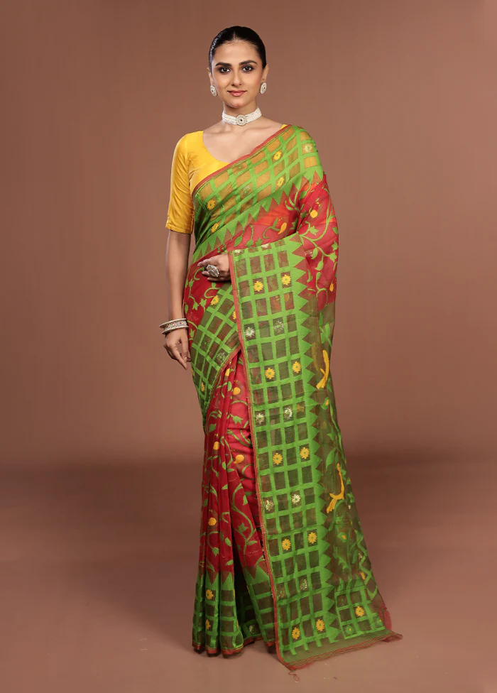 Green Jamdani Cotton Saree Without Blouse Piece - Image 2