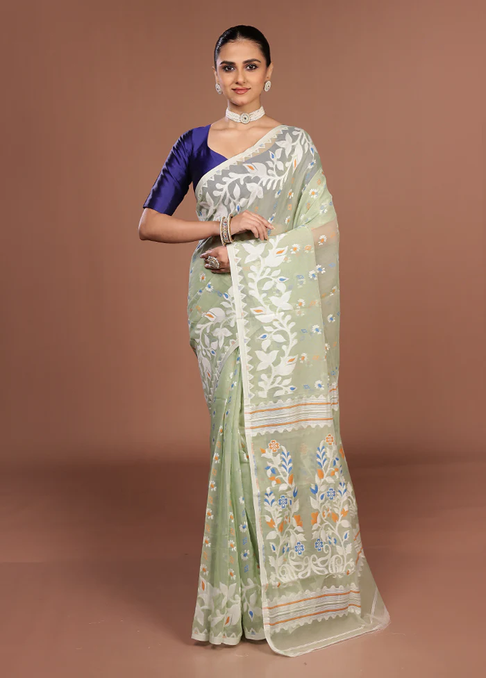 Green Jamdani Cotton Saree Without Blouse Piece - Image 2