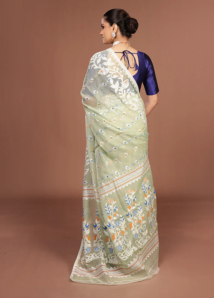 Green Jamdani Cotton Saree Without Blouse Piece - Image 3