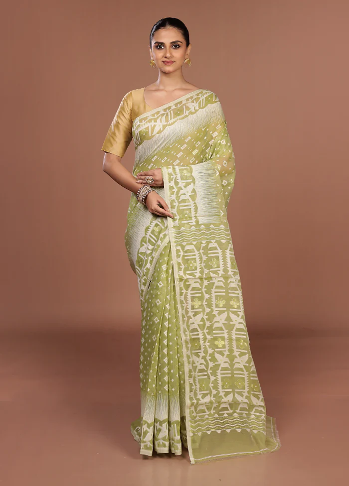 Green Jamdani Cotton Saree Without Blouse Piece - Image 2