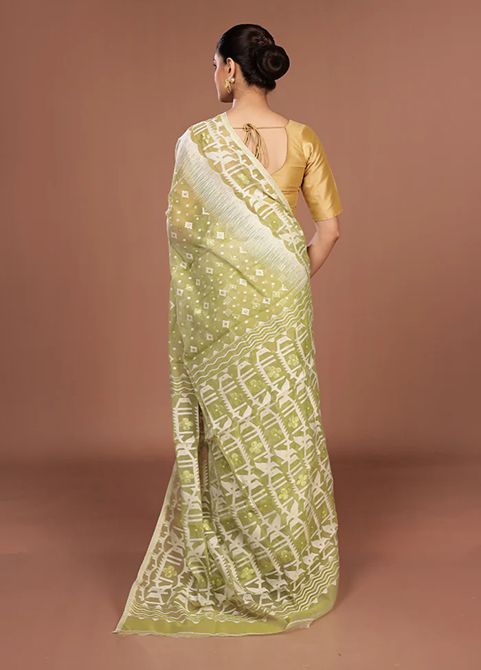 Green Jamdani Cotton Saree Without Blouse Piece - Image 3
