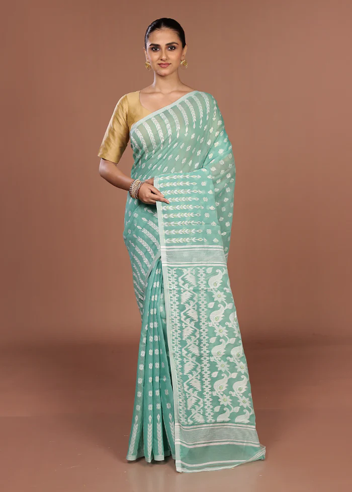 Green Jamdani Cotton Saree Without Blouse Piece - Image 2