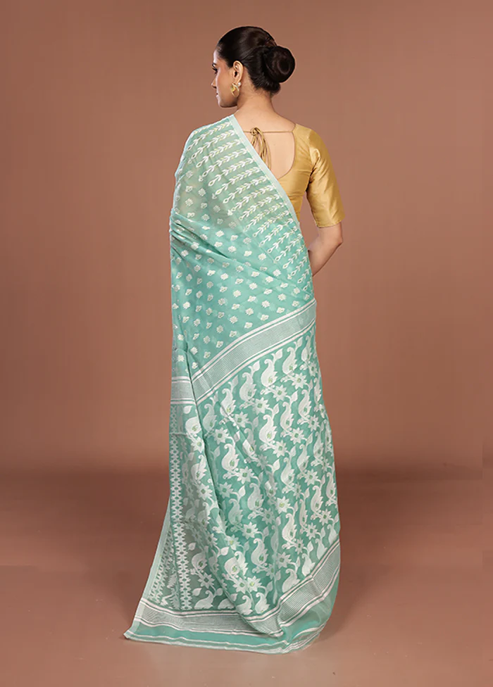 Green Jamdani Cotton Saree Without Blouse Piece - Image 3