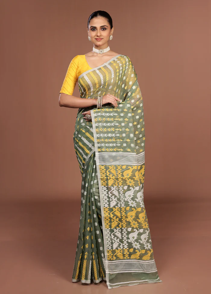 Green Jamdani Cotton Saree Without Blouse Piece - Image 2