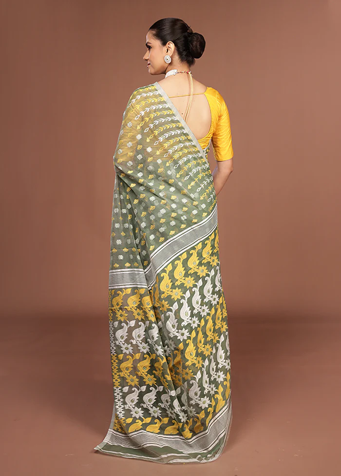 Green Jamdani Cotton Saree Without Blouse Piece - Image 3