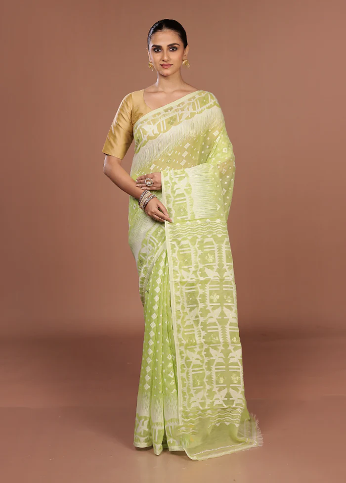 Green Jamdani Cotton Saree Without Blouse Piece - Image 2