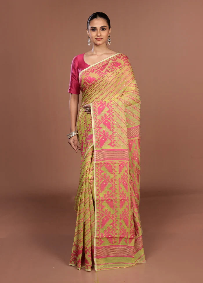 Green Jamdani Cotton Saree Without Blouse Piece - Image 2