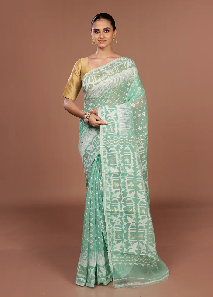 Green Jamdani Cotton Saree Without Blouse Piece - Image 2