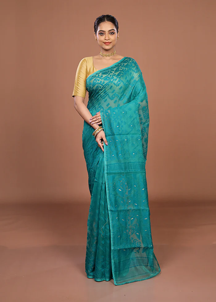 Green Jamdani Cotton Saree Without Blouse Piece - Image 2