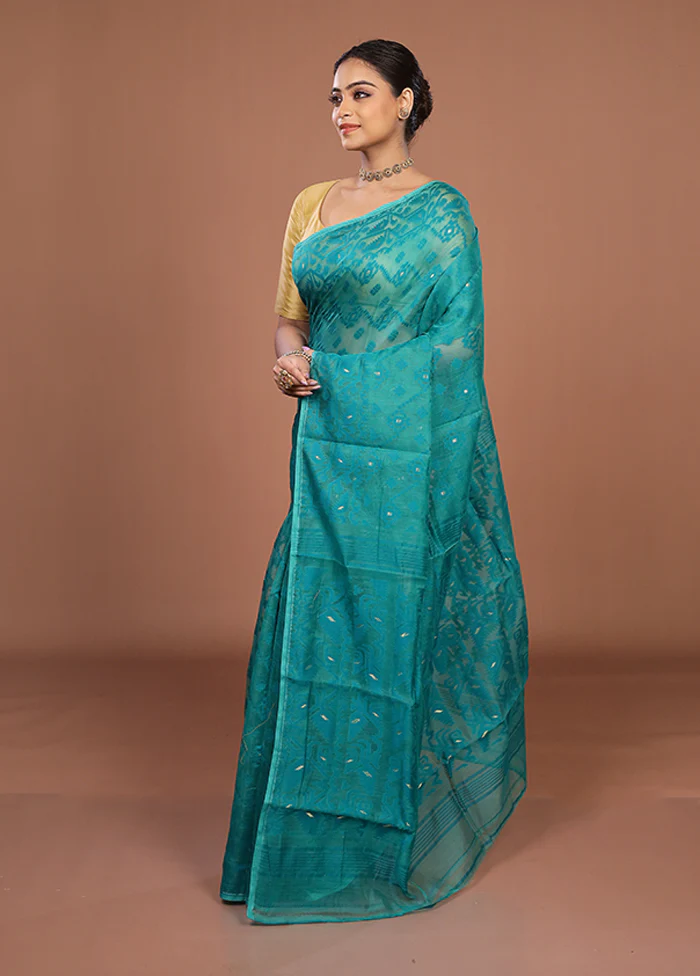 Green Jamdani Cotton Saree Without Blouse Piece - Image 4