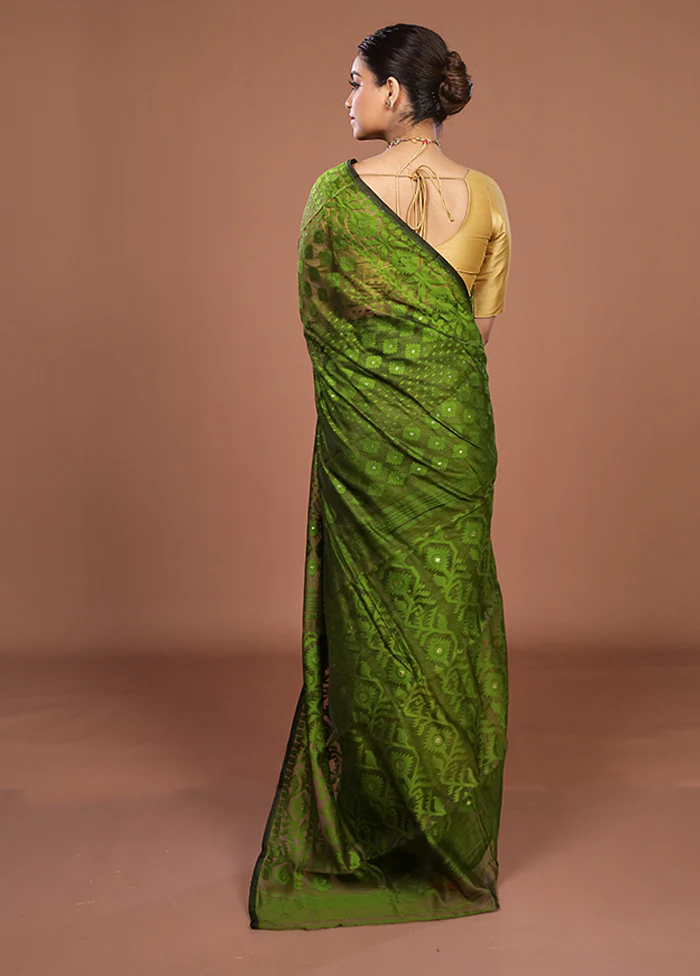 Green Jamdani Cotton Saree Without Blouse Piece - Image 3