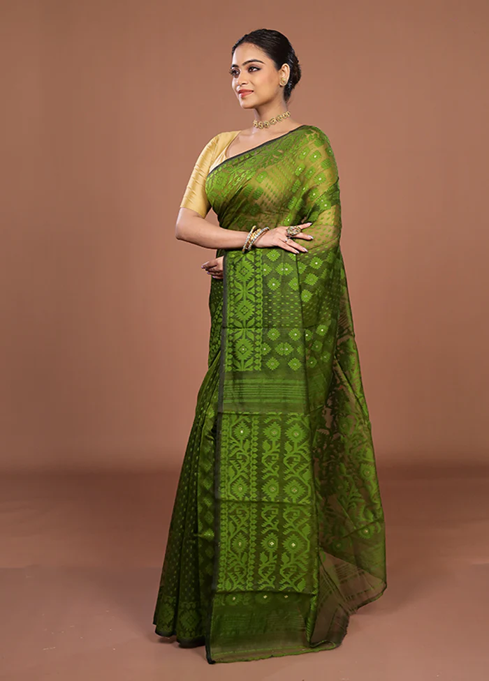 Green Jamdani Cotton Saree Without Blouse Piece - Image 4