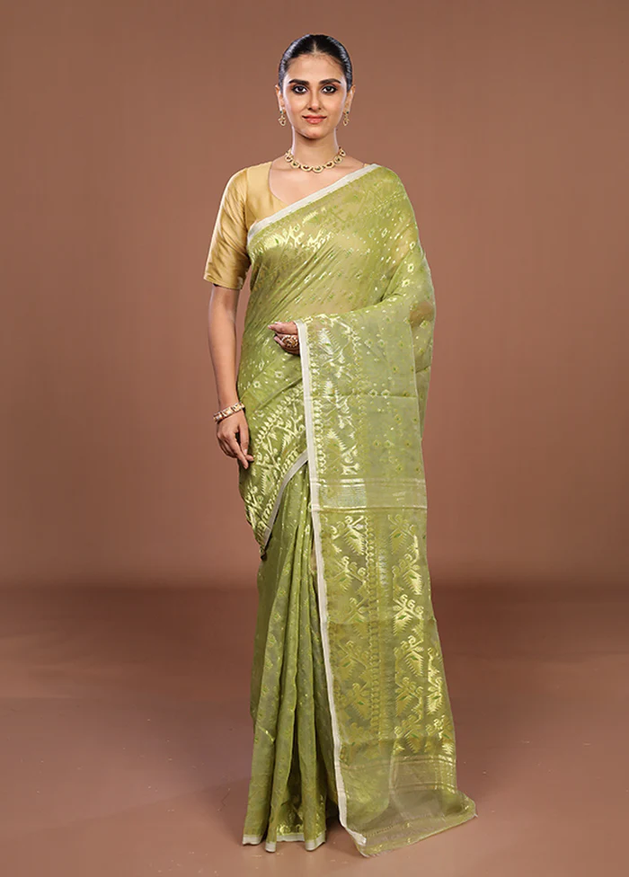 Green Jamdani Cotton Saree Without Blouse Piece - Image 2