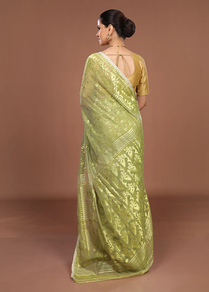 Green Jamdani Cotton Saree Without Blouse Piece - Image 3