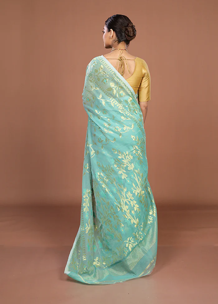 Green Jamdani Cotton Saree Without Blouse Piece - Image 3