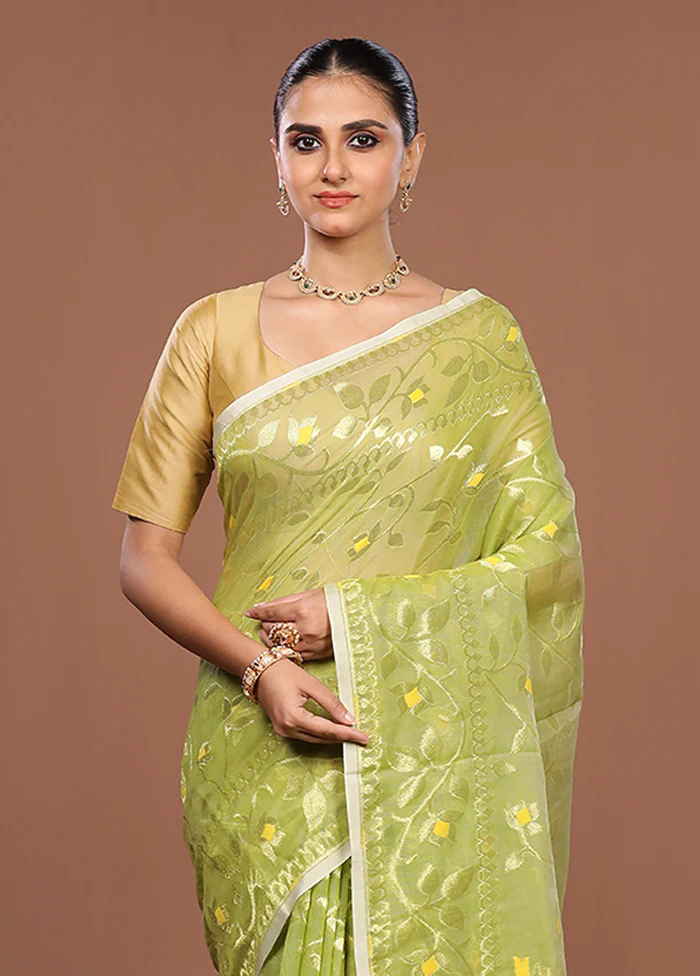 Green Jamdani Cotton Saree Without Blouse Piece