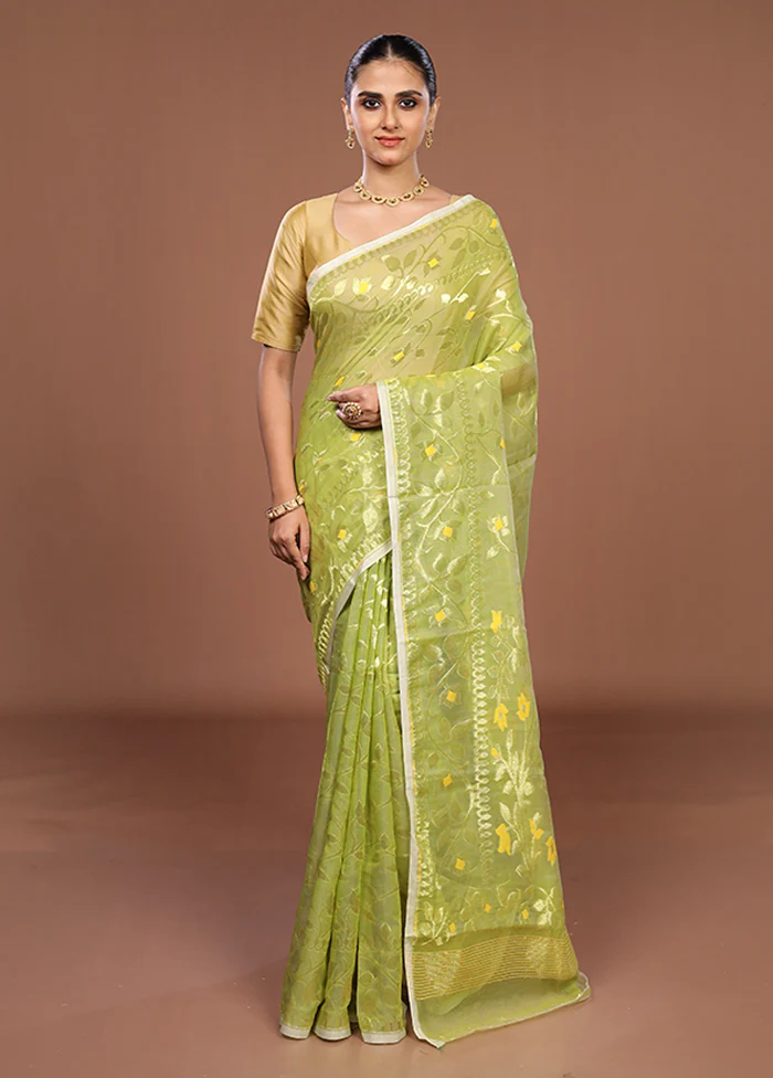 Green Jamdani Cotton Saree Without Blouse Piece - Image 2