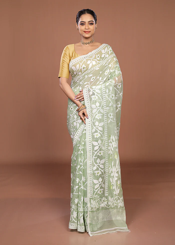 Green Jamdani Cotton Saree Without Blouse Piece - Image 2