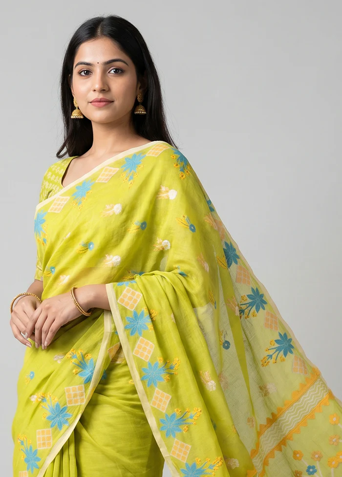 Green Jamdani Cotton Saree Without Blouse Piece - Image 2