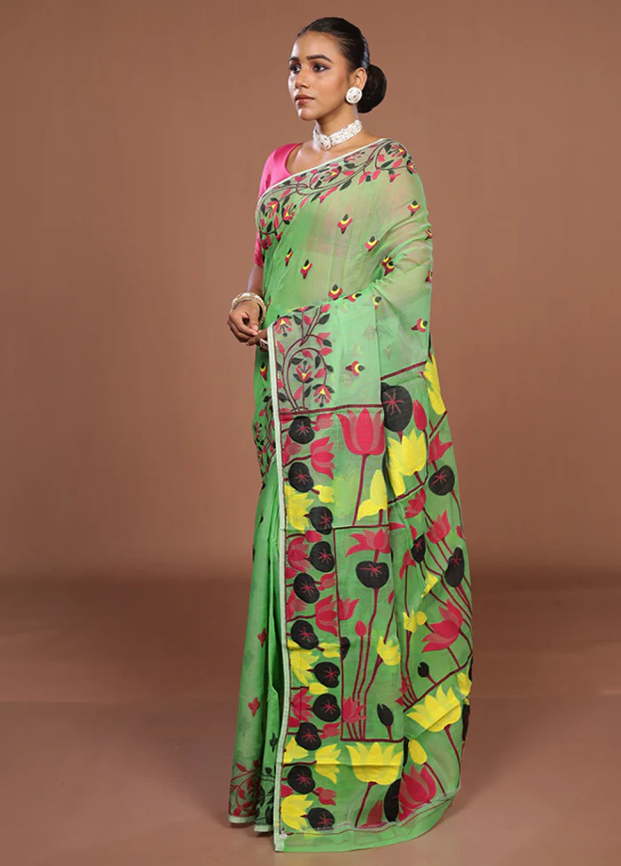 Green Jamdani Cotton Saree Without Blouse Piece - Image 4