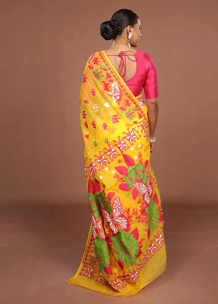 Green Jamdani Cotton Saree Without Blouse Piece - Image 3