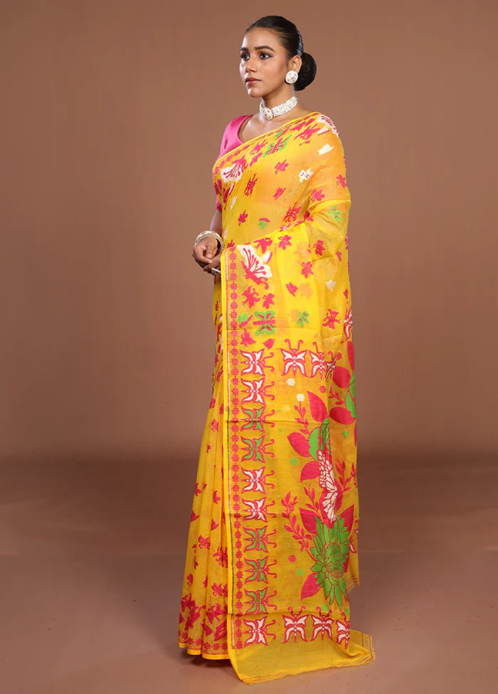 Green Jamdani Cotton Saree Without Blouse Piece - Image 4