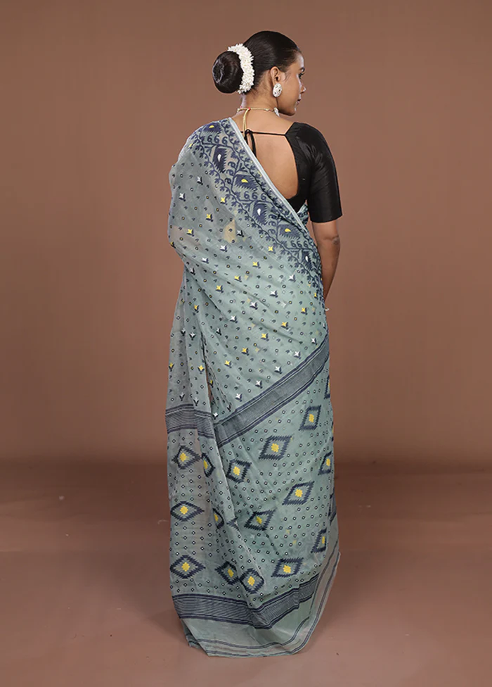 Green Jamdani Cotton Saree Without Blouse Piece - Image 3