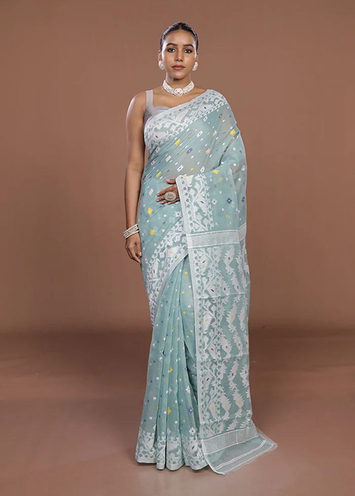 Green Jamdani Cotton Saree Without Blouse Piece - Image 2