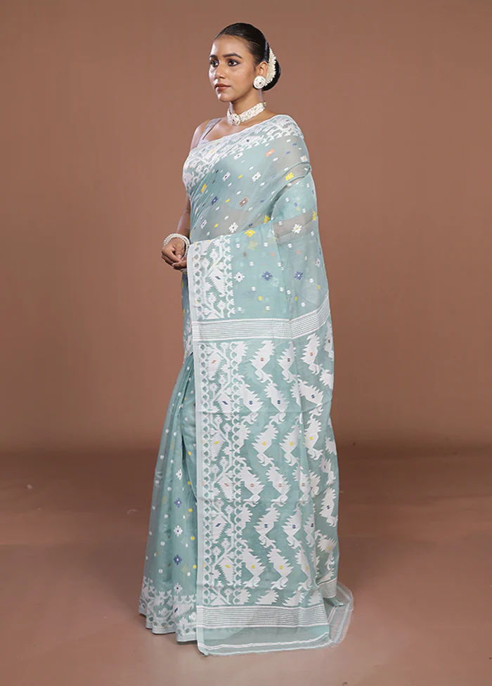 Green Jamdani Cotton Saree Without Blouse Piece - Image 4
