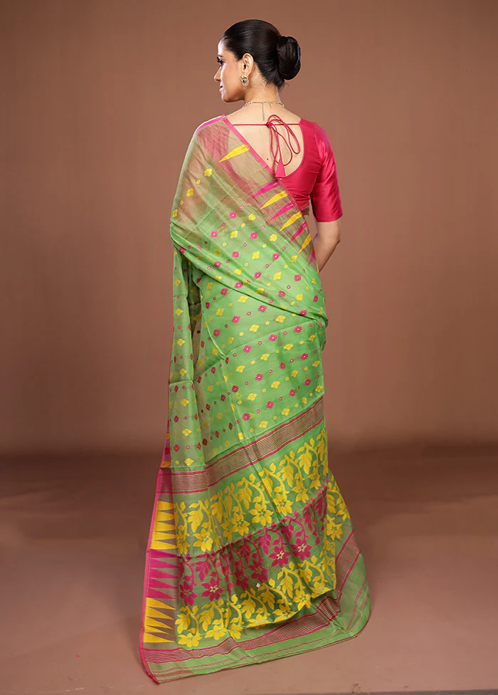Green Jamdani Cotton Saree Without Blouse Piece - Image 3