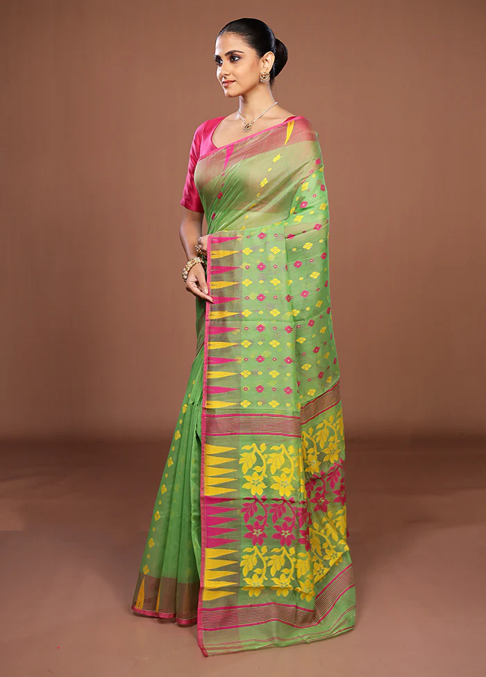 Green Jamdani Cotton Saree Without Blouse Piece - Image 4
