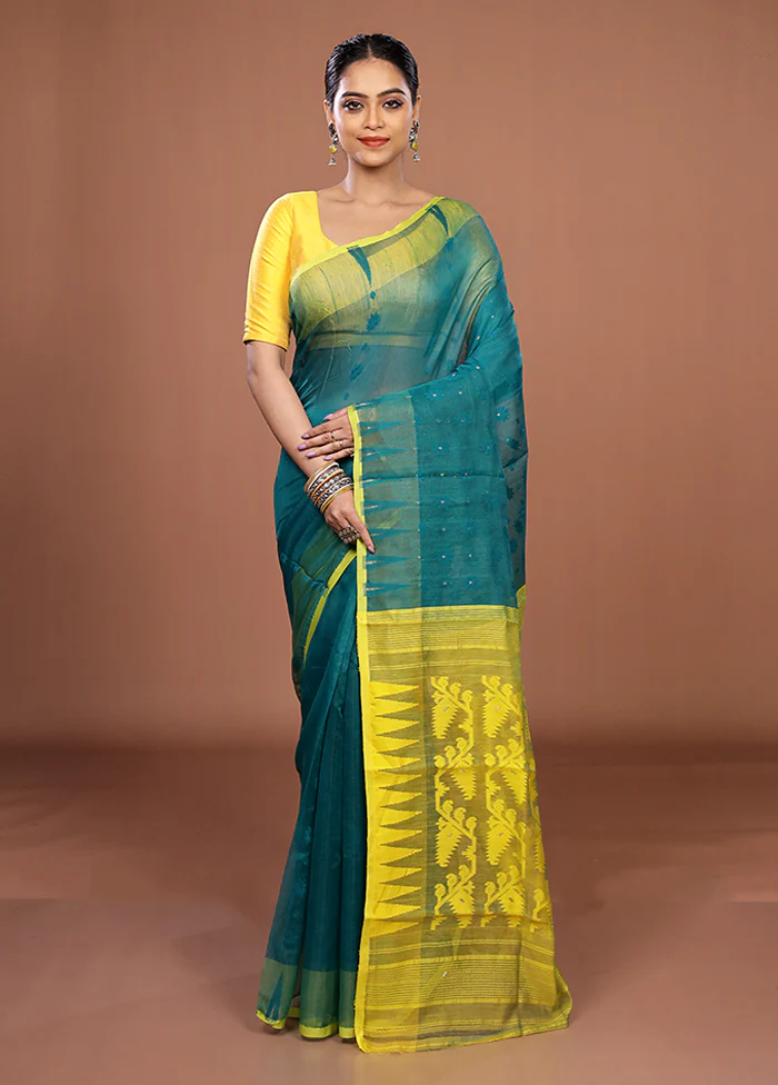Green Jamdani Cotton Saree Without Blouse Piece - Image 2