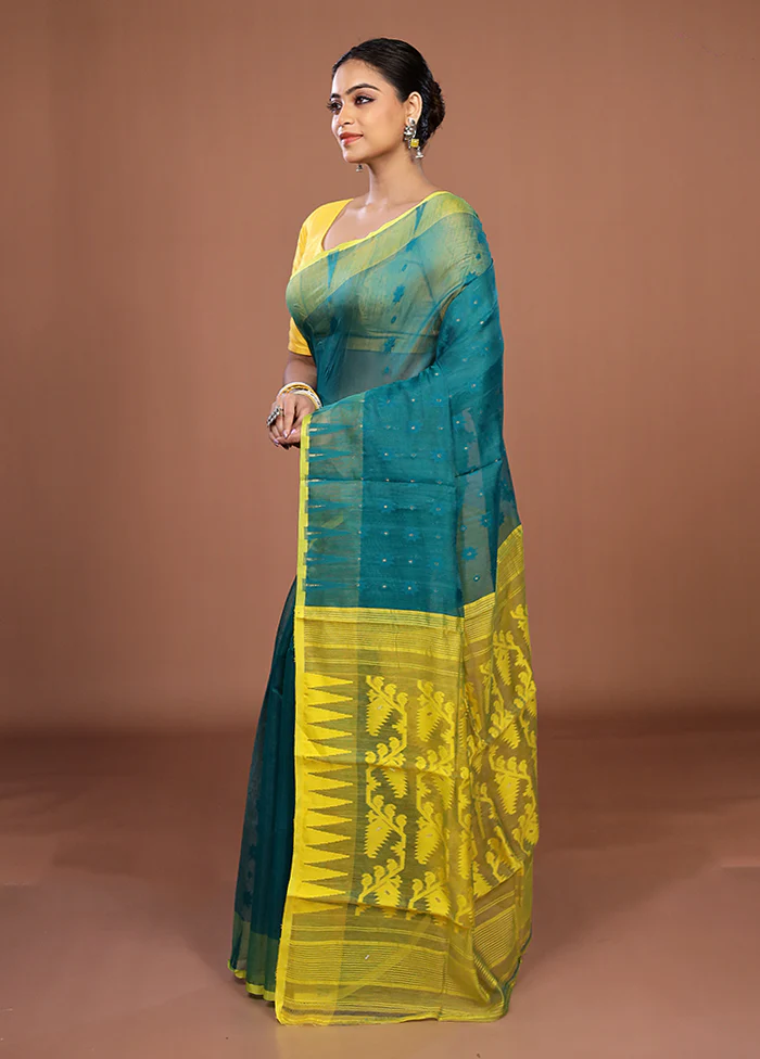 Green Jamdani Cotton Saree Without Blouse Piece - Image 4