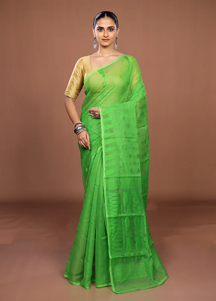 Green Jamdani Cotton Saree Without Blouse Piece - Image 2