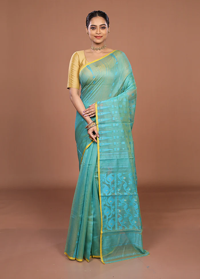 Green Jamdani Cotton Saree Without Blouse Piece - Image 2