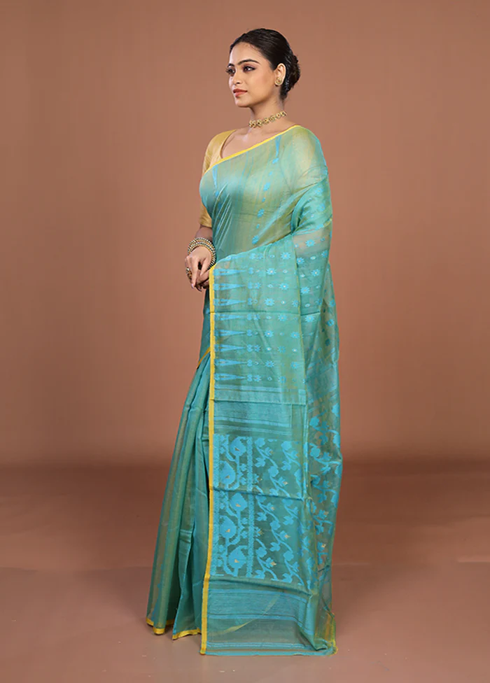Green Jamdani Cotton Saree Without Blouse Piece - Image 4
